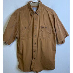 CARHARTT Brown Button Short Sleeve Collar Shirt Size LARGE Work Pockets
